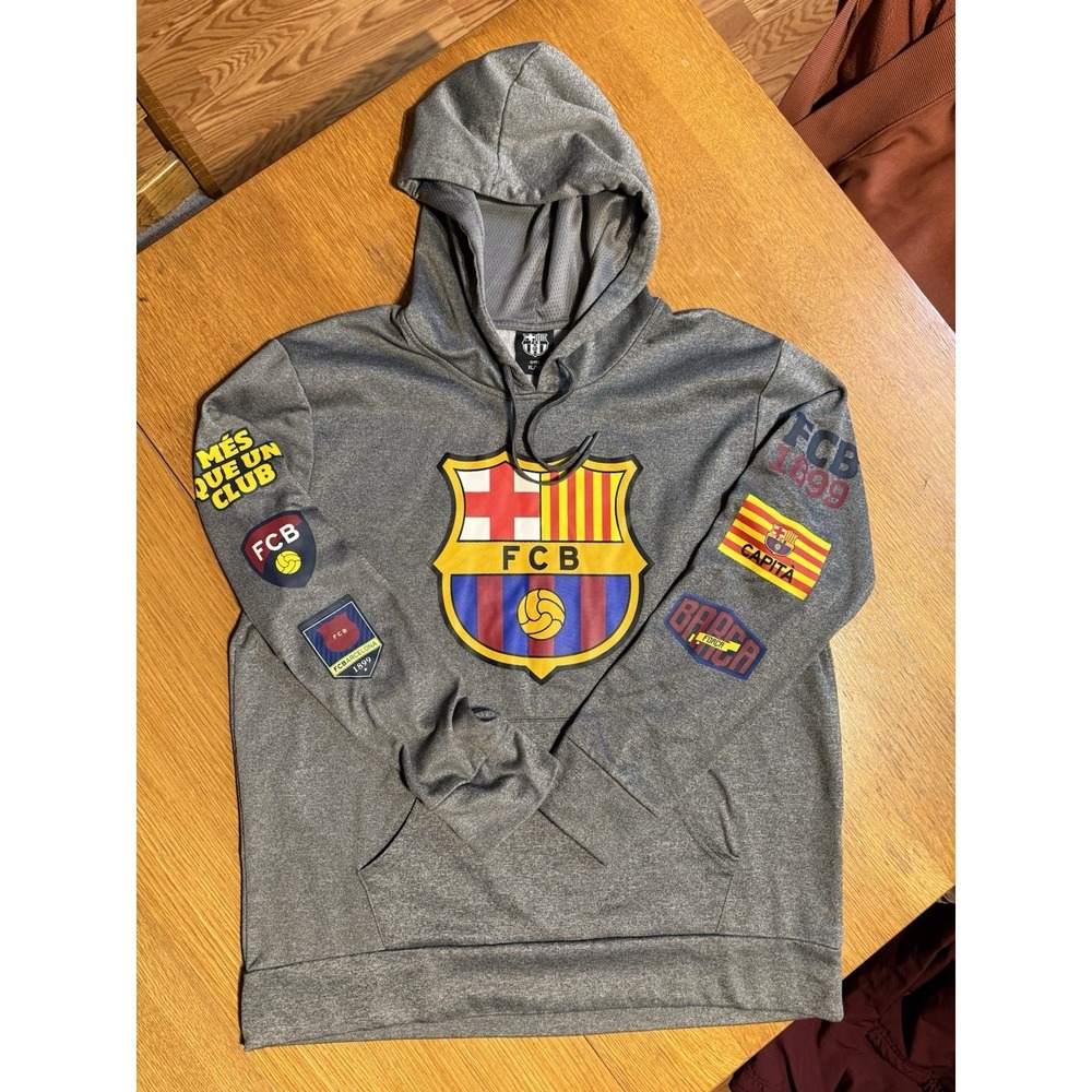 FC Barcelona Hoodie XL Gray Big Crest Multi Graphic Soccer Pullover Fan Gear